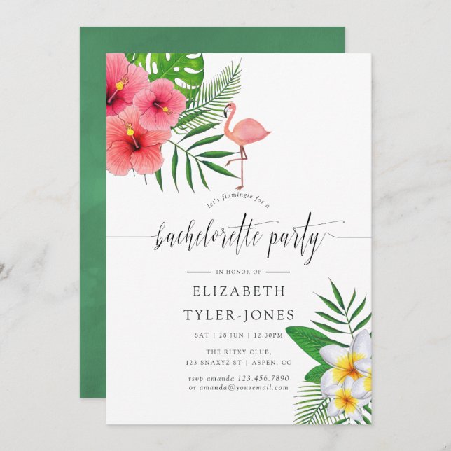 Watercolor Flamingo Aloha Luau Bachelorette Party Invitation (Front/Back)