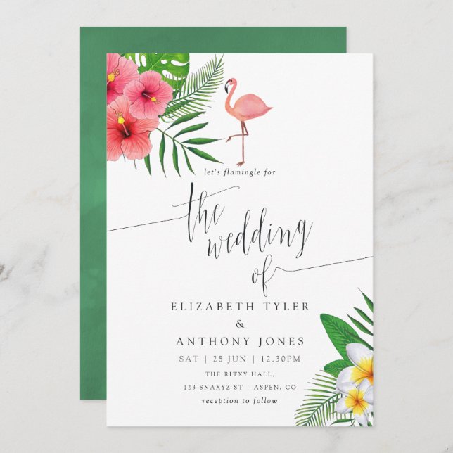 Watercolor Flamingo Aloha Luau Beach Wedding Invitation (Front/Back)