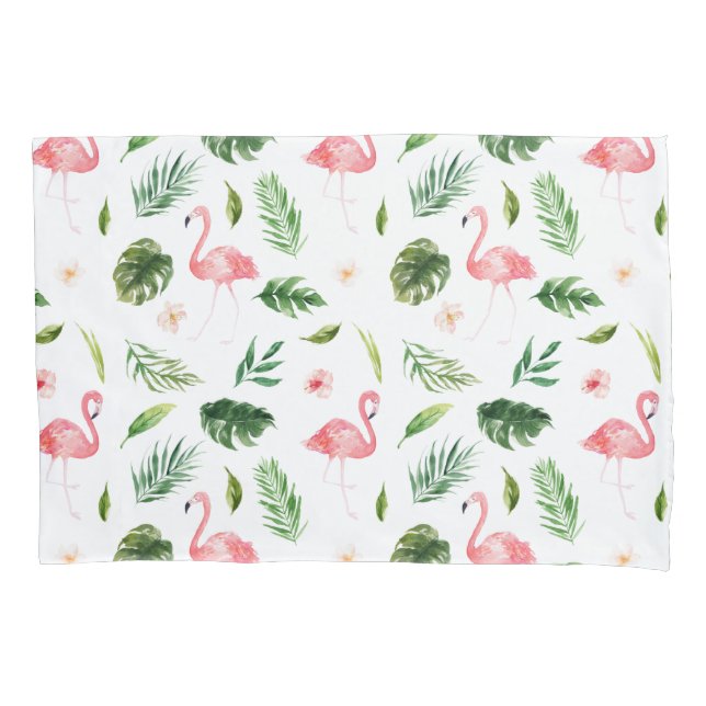 Watercolor Flamingo and Greenery Tropical Pattern Pillowcase (Front)