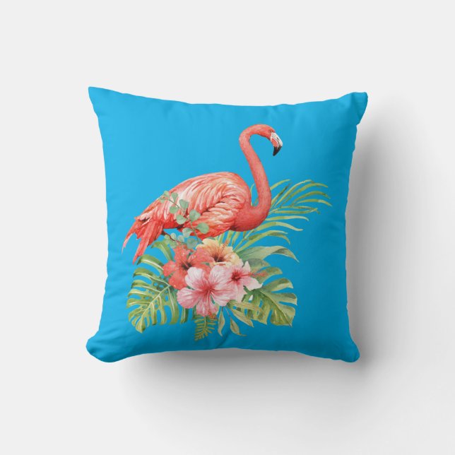 Watercolor Flamingo and Hibiscus Flowers Cushion (Front)