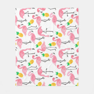 Watercolor Flamingo and Pineapple: Tropical Set. Fleece Blanket