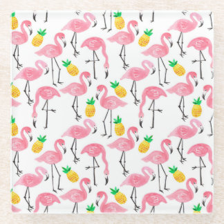 Watercolor Flamingo and Pineapple: Tropical Set. Glass Coaster