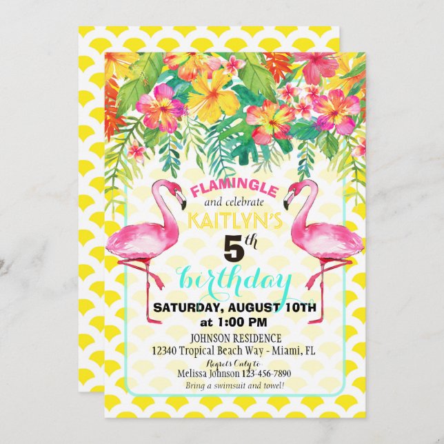 Watercolor Flamingo and Tropical Floral Birthday Invitation (Front/Back)