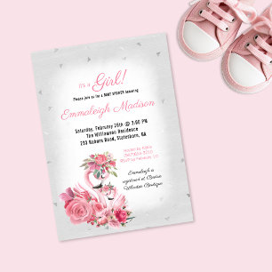 Watercolor Flamingo Ballerina Silver Baby Shower Invitation