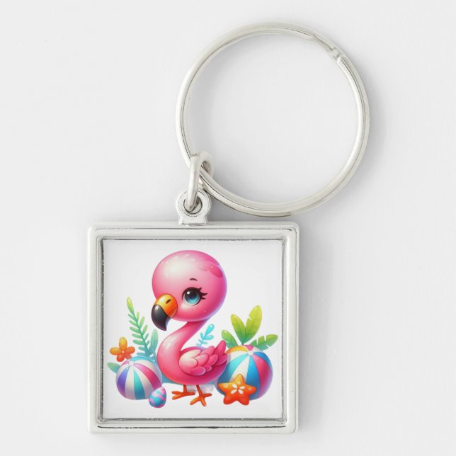 Watercolor Flamingo Cartoon Clipart  Key Ring (Front)