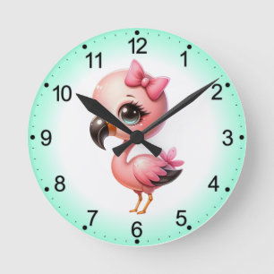 Watercolor Flamingo Cartoon Clipart Round Clock