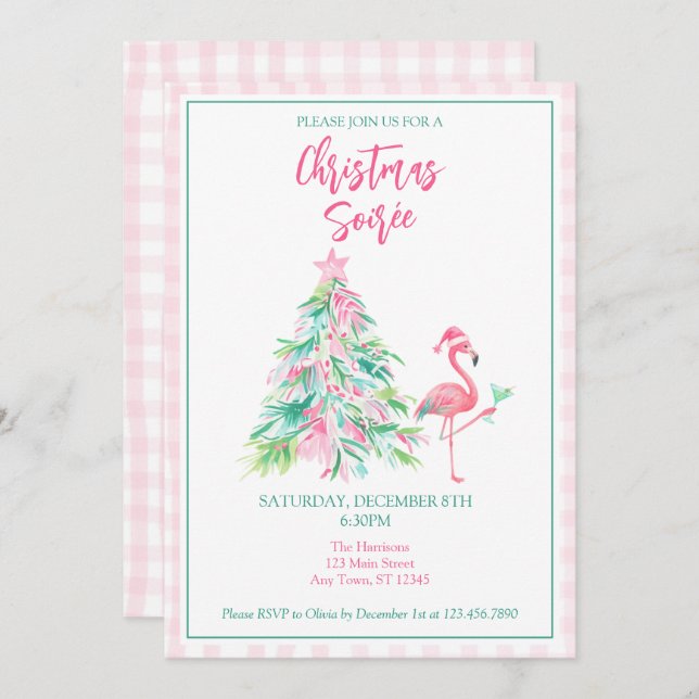 Watercolor Flamingo Christmas Soirée Invitation (Front/Back)
