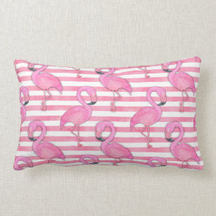 Watercolor Flamingo on Pink Stripes Lumbar Cushion