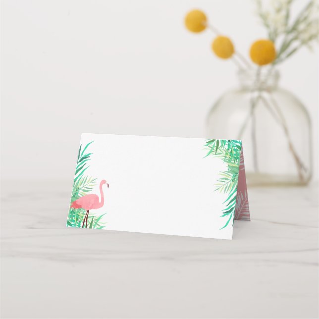 Watercolor Flamingo & Palm Leaves Tropical Wedding Place Card (Front)