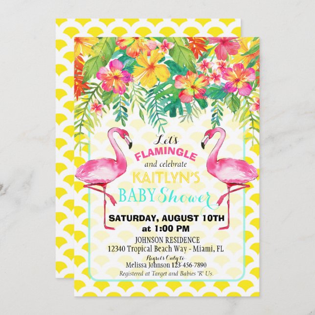 Watercolor Flamingo Tropical Floral Baby Shower Invitation (Front/Back)