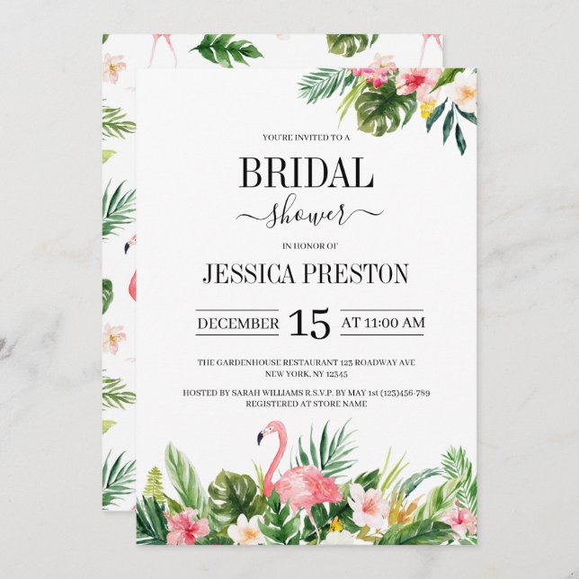 Watercolor Flamingo Tropical Floral Bridal Shower Invitation (Front/Back)