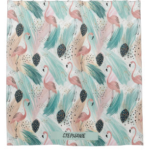 Watercolor Flamingo Tropical Pattern Shower Curtain