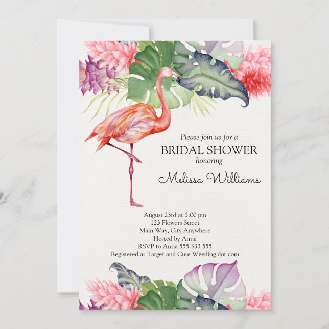 Watercolor Flamingo Tropical Summer Bridal Shower Invitation (Front)