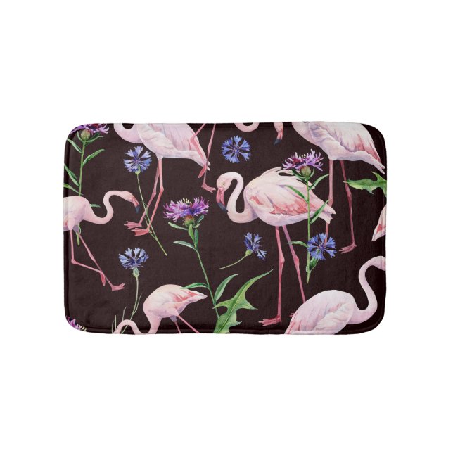 Watercolor flamingos and wild flowers pattern. bath mat (Front)