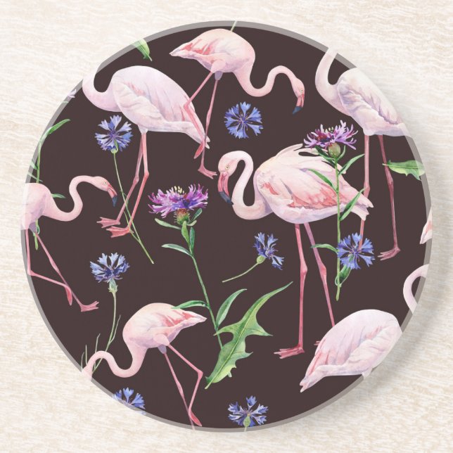 Watercolor flamingos and wild flowers pattern. coaster (Front)