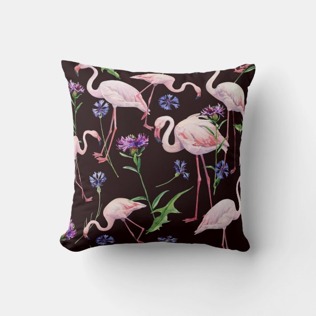 Watercolor flamingos and wild flowers pattern. cushion (Front)