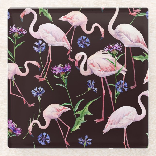 Watercolor flamingos and wild flowers pattern. glass coaster (Front)