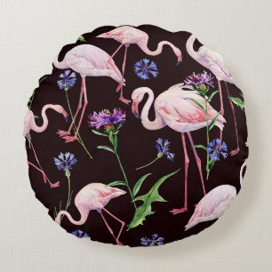 Watercolor flamingos and wild flowers pattern. round cushion