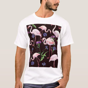 Watercolor flamingos and wild flowers pattern. T-Shirt