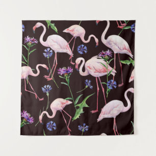 Watercolor flamingos and wild flowers pattern. tapestry