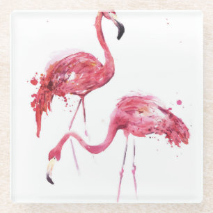Watercolor Flamingos, Elegant Design. Glass Coaster