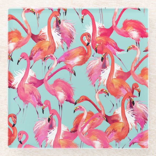 Watercolor Flamingos Gathered 2 Glass Coaster (Front)