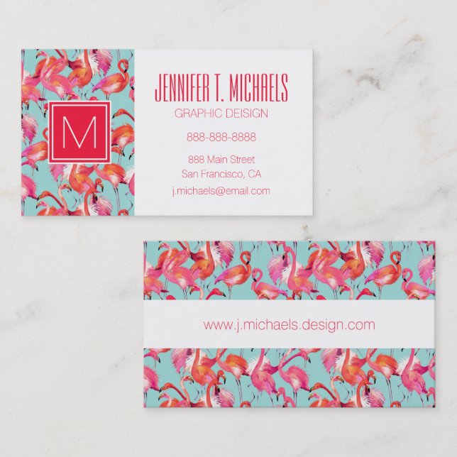 Watercolor Flamingos Gathered | Monogram Business Card (Front/Back)