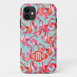 Watercolor Flamingos Gathered   Monogram iPhone 11 Case