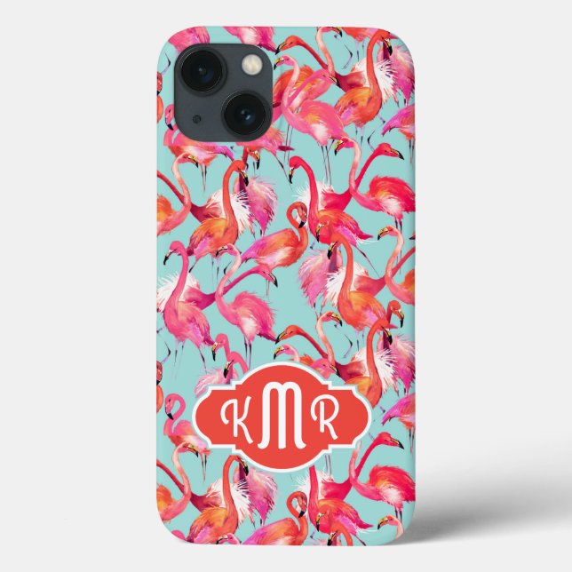 Watercolor Flamingos Gathered | Monogram Case-Mate iPhone Case (Back)