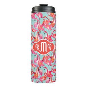 Watercolor Flamingos Gathered Monogram Thermal Tumbler