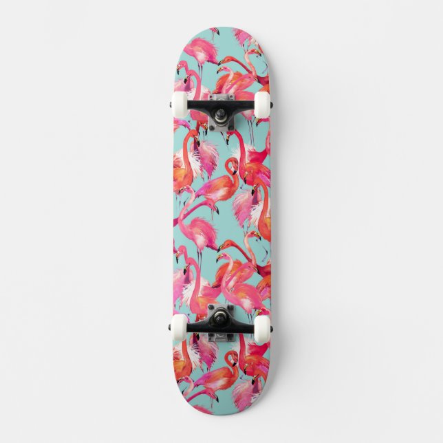 Watercolor Flamingos Gathered Skateboard (Front)