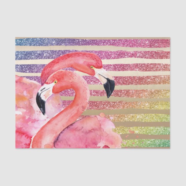 Watercolor Flamingos Glitter Gold Stripes Tissue Paper (Front)