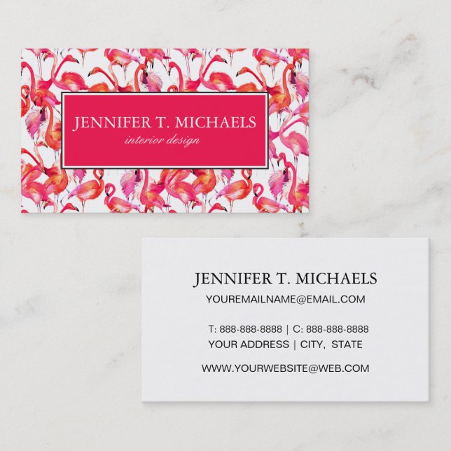 Watercolor Flamingos In Watercolors | Monogram Business Card (Front/Back)