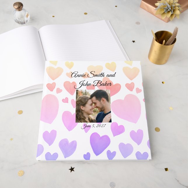 Watercolor Floating Hearts (Customisable) Guest Book (Front Open)