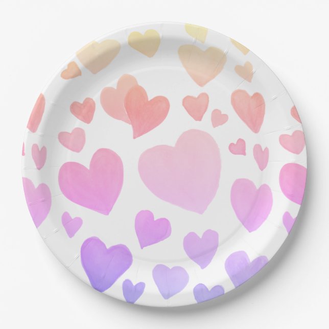Watercolor Floating Hearts (Customisable) Paper Plate (Front)