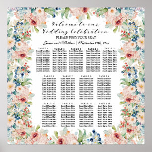 Watercolor Floral 13 Tables Wedding Seating Poster