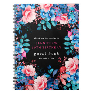 Watercolor Floral 30th Birthday Guest Book Black