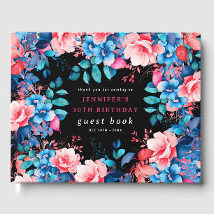 Watercolor Floral 30th Birthday Guest Book Black