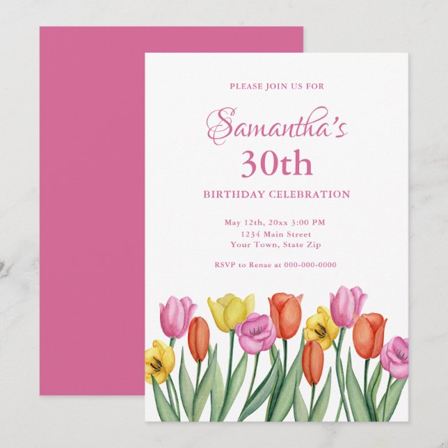 Watercolor Floral 30th Birthday invitations (Front/Back)