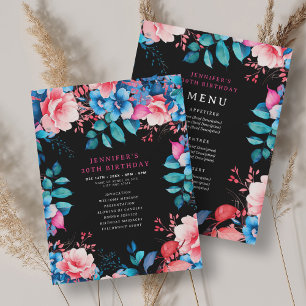 Watercolor Floral 30th Birthday Program Menu Black Invitation