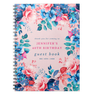 Watercolor Floral 40th Birthday Guest Book Blush