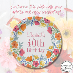 Watercolor Floral 40th Birthday Paper Plate