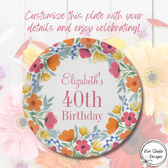 Watercolor Floral 40th Birthday  Paper Plate (Creator Uploaded)