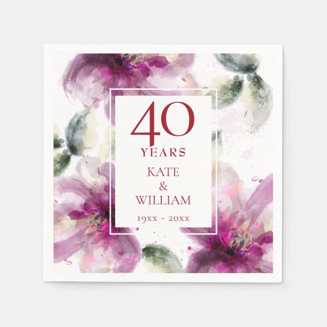 Watercolor Floral 40th Ruby Wedding Anniversary Napkin (Front)