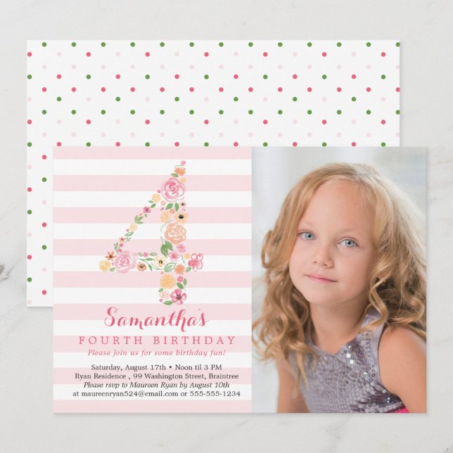 Watercolor Floral 4 / Fourth Birthday with Photo Invitation (Front/Back)