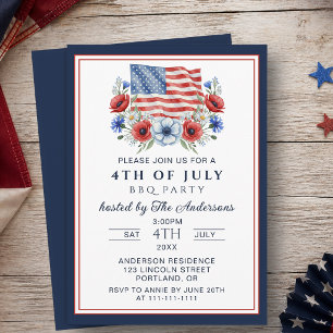 Watercolor Floral 4th of July BBQ USA Patriotic Invitation