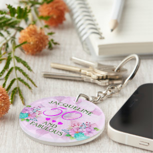 Watercolor Floral 50 and Fabulous Key Ring