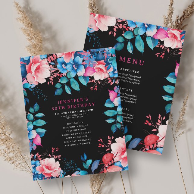 Watercolor Floral 50th Birthday Program Menu Black Invitation (Watercolor Floral 50th Birthday Program Menu Black)
