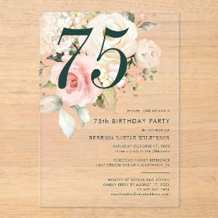 Watercolor Floral 75th Birthday Party Acrylic Invitations