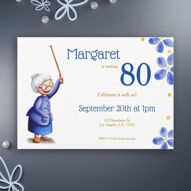 Watercolor Floral 80th Birthday Happy Grandmother Invitation (Cute grandma's 80th birthday floral invitation)